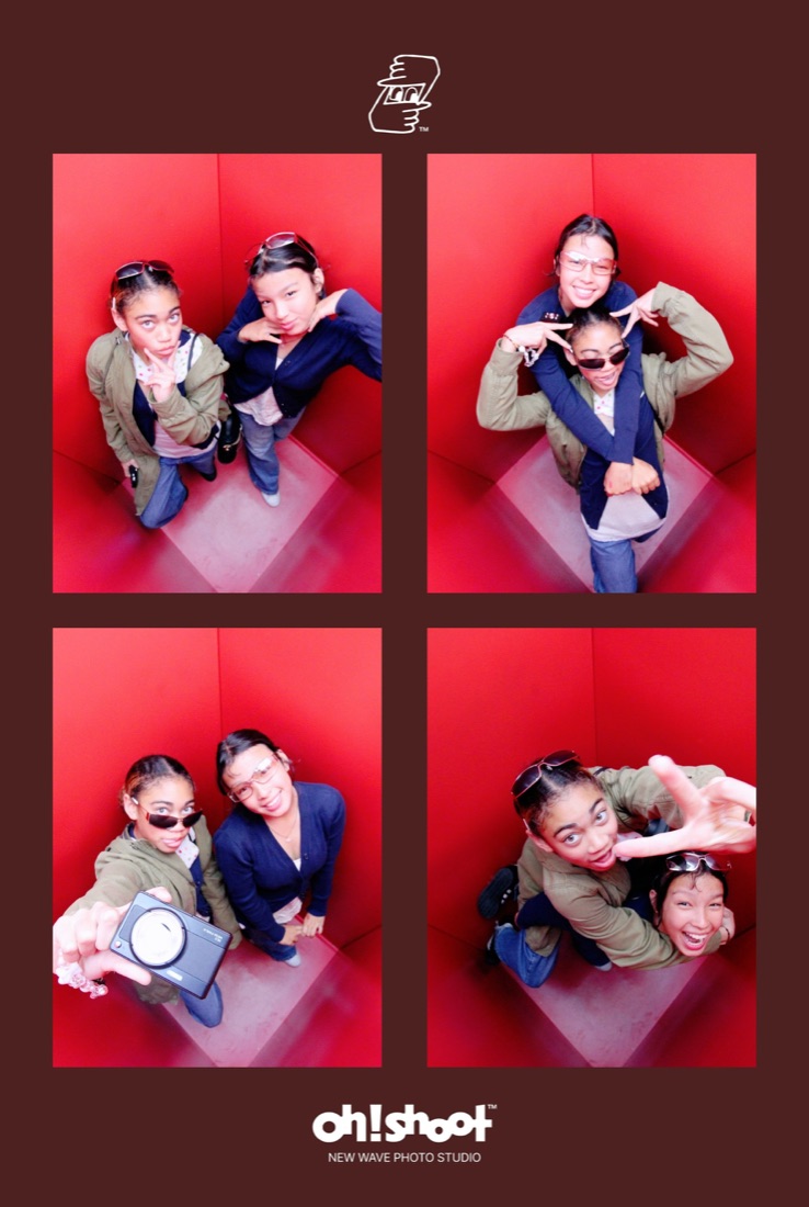 Two friends laughing, high-angle strip