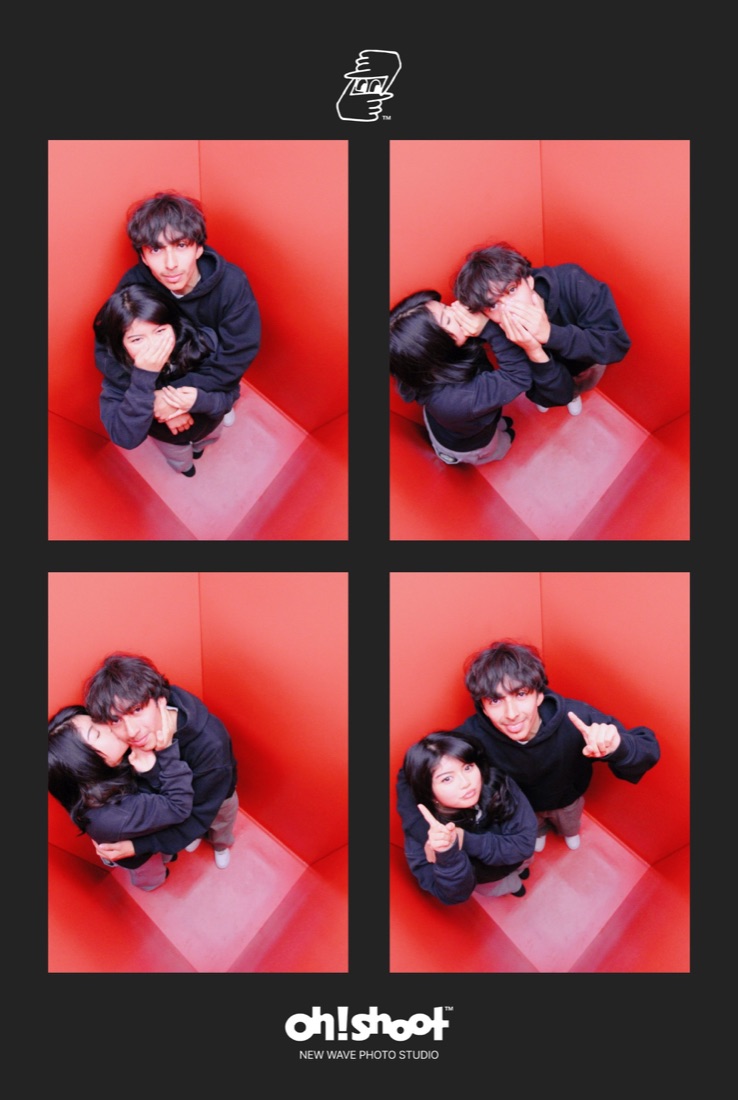 Couple in the red room, shot from above