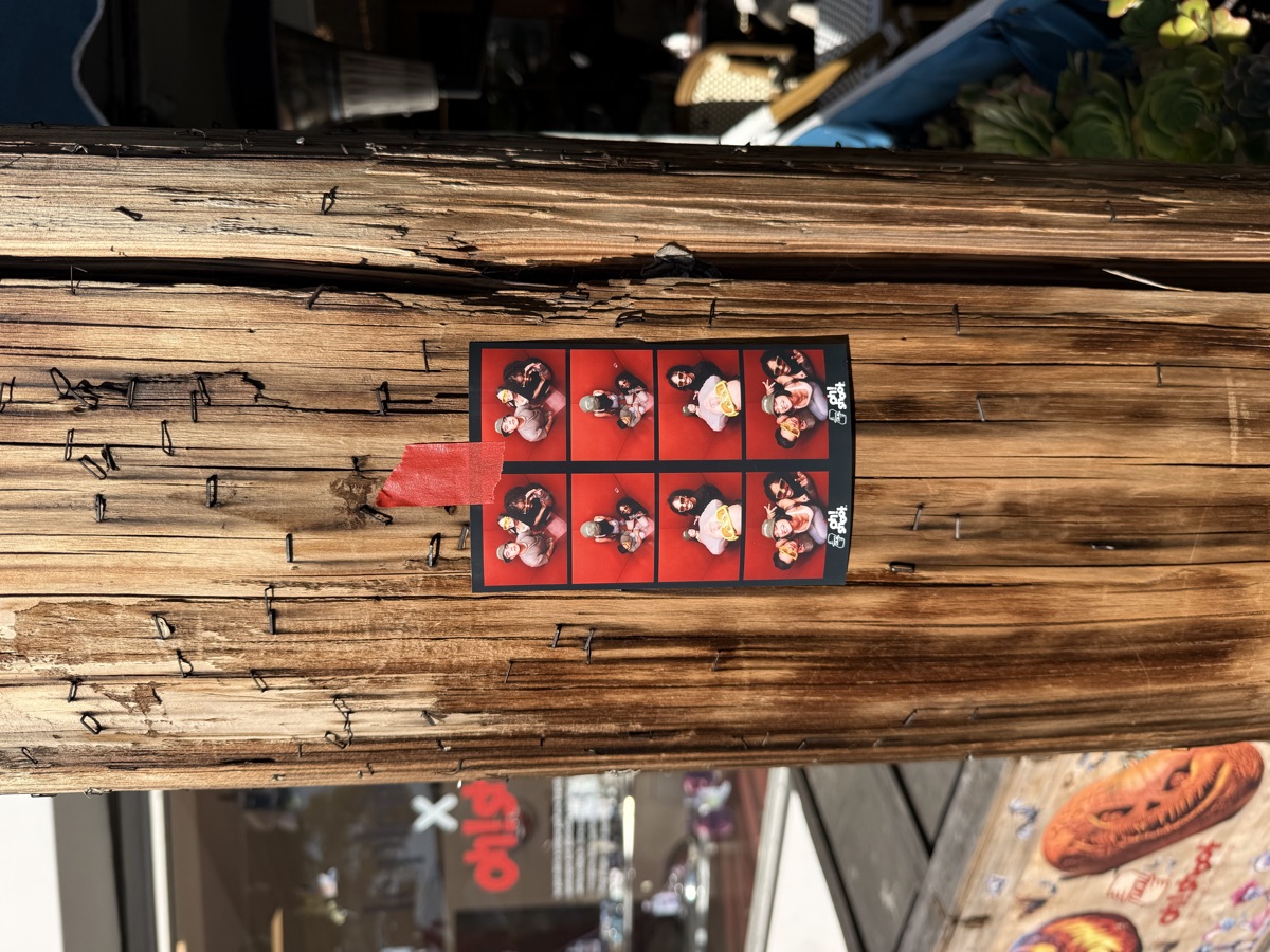 Strip taped to a wooden telephone pole